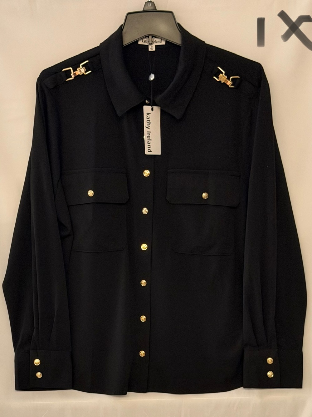 kathy ireland Black Button-Front Military-Style Shirt Jacket with Gold Accents